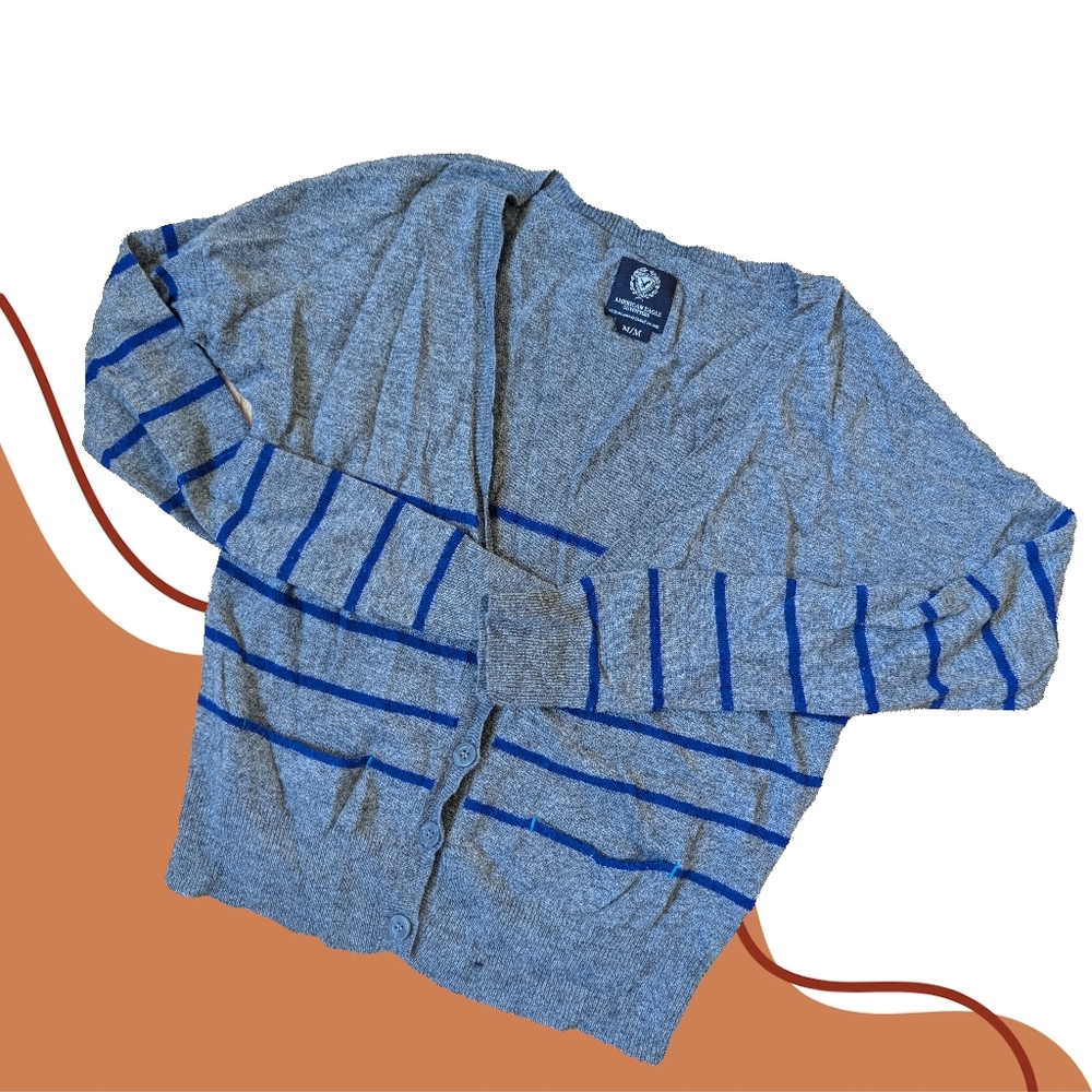AEO Blue + Grey Striped Pocket Cardigan